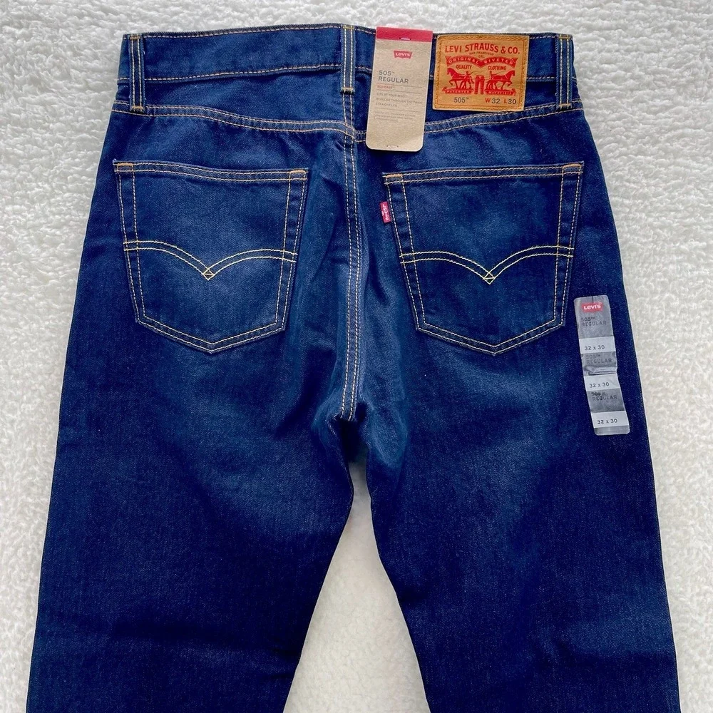 Levis Jeans Mens 32x30 Blue 505 Regular Straight Dark Wash Stretch Denim Cowboy